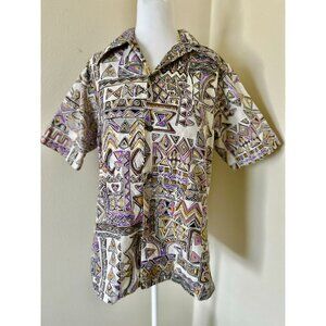 Vintage 1960s Short Sleeve Barkcloth Men's Hawaiian Shirt In Tribal Print